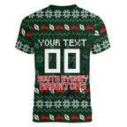 Personalized South Sydney Rabbitohs Christmas Women V-Neck T-Shirt Australian Rugby Fans - Pixelated Ugly Xmas Pattern Mascot Santa