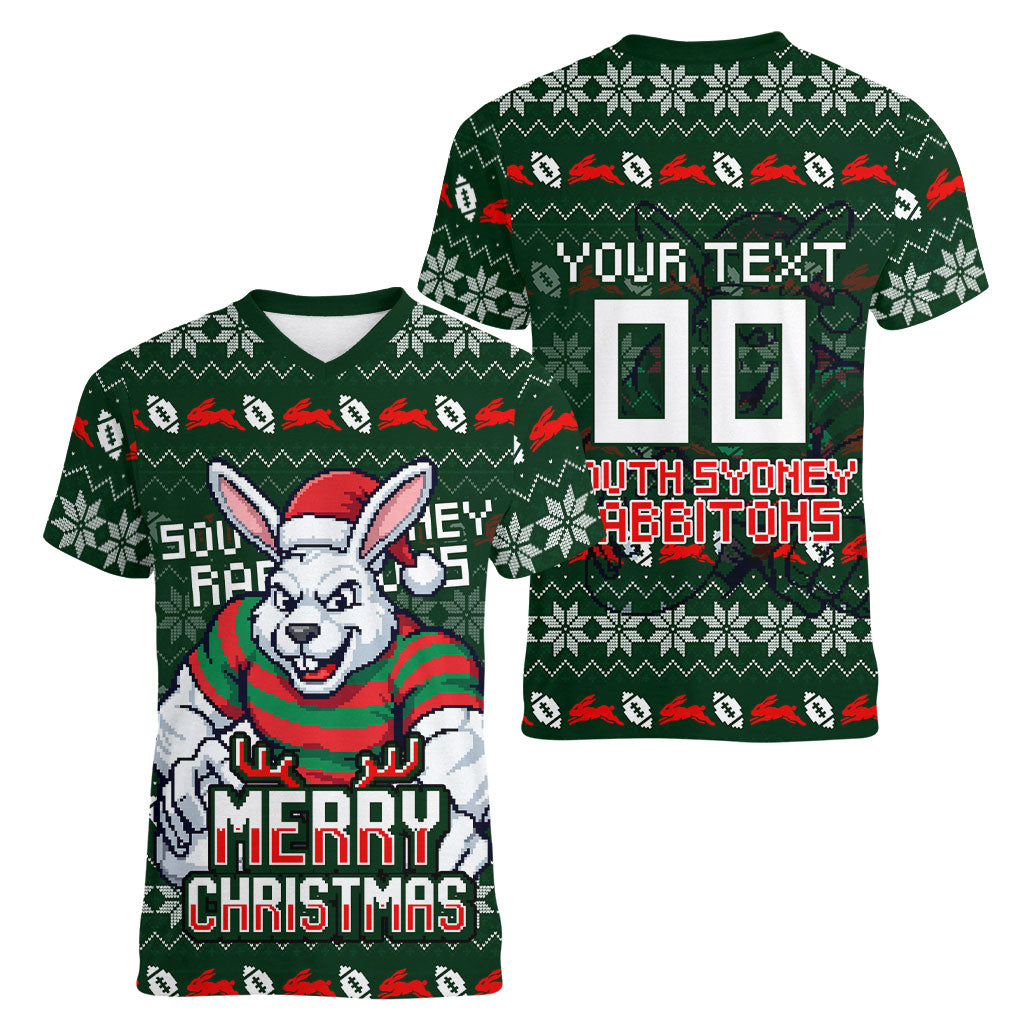 Personalized South Sydney Rabbitohs Christmas Women V-Neck T-Shirt Australian Rugby Fans - Pixelated Ugly Xmas Pattern Mascot Santa