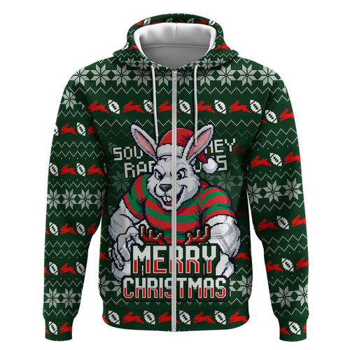 Personalized South Sydney Rabbitohs Christmas Zip Hoodie Australian Rugby Fans - Pixelated Ugly Xmas Pattern Mascot Santa