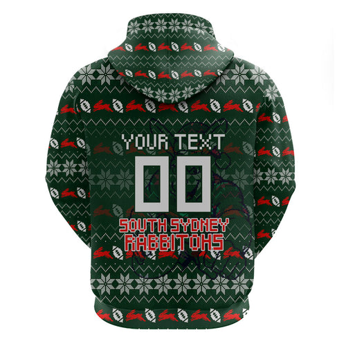 Personalized South Sydney Rabbitohs Christmas Zip Hoodie Australian Rugby Fans - Pixelated Ugly Xmas Pattern Mascot Santa