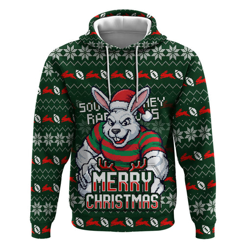 Personalized South Sydney Rabbitohs Christmas Zip Hoodie Australian Rugby Fans - Pixelated Ugly Xmas Pattern Mascot Santa