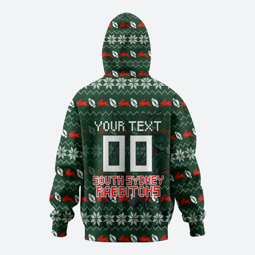 Personalized South Sydney Rabbitohs Christmas Zip Hoodie Australian Rugby Fans - Pixelated Ugly Xmas Pattern Mascot Santa