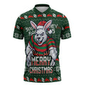 Personalized South Sydney Rabbitohs Christmas Zipper Polo Shirt Australian Rugby Fans - Pixelated Ugly Xmas Pattern Mascot Santa