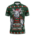 Personalized South Sydney Rabbitohs Christmas Zipper Polo Shirt Australian Rugby Fans - Pixelated Ugly Xmas Pattern Mascot Santa