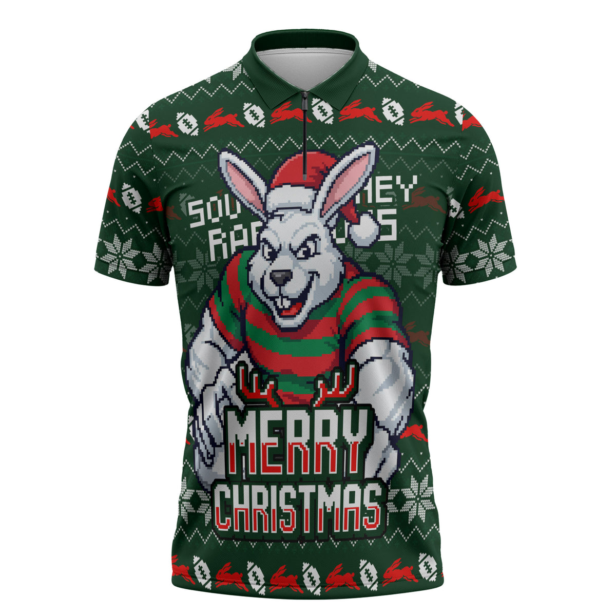 Personalized South Sydney Rabbitohs Christmas Zipper Polo Shirt Australian Rugby Fans - Pixelated Ugly Xmas Pattern Mascot Santa