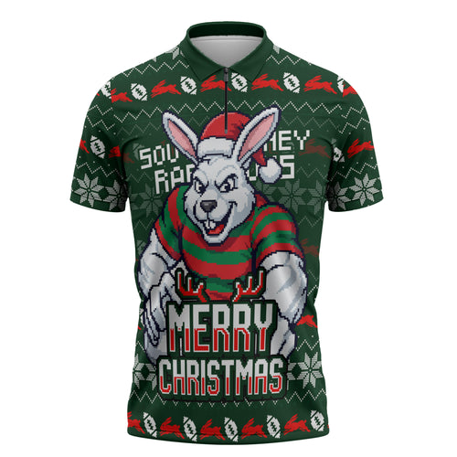 Personalized South Sydney Rabbitohs Christmas Zipper Polo Shirt Australian Rugby Fans - Pixelated Ugly Xmas Pattern Mascot Santa