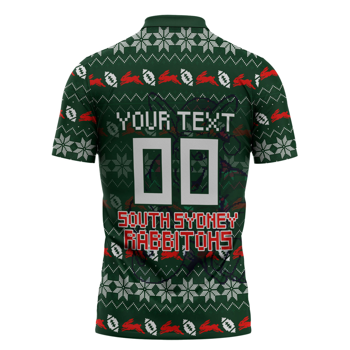 Personalized South Sydney Rabbitohs Christmas Zipper Polo Shirt Australian Rugby Fans - Pixelated Ugly Xmas Pattern Mascot Santa