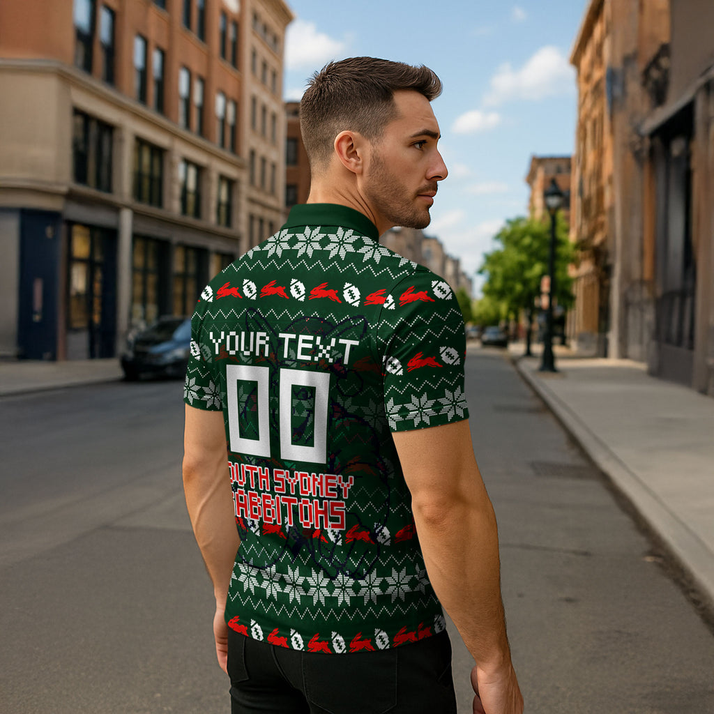 Personalized South Sydney Rabbitohs Christmas Zipper Polo Shirt Australian Rugby Fans - Pixelated Ugly Xmas Pattern Mascot Santa