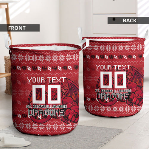 Personalized St George Illawarra Dragons Christmas Laundry Basket Australian Rugby Fans - Pixelated Ugly Xmas Pattern Mascot Santa