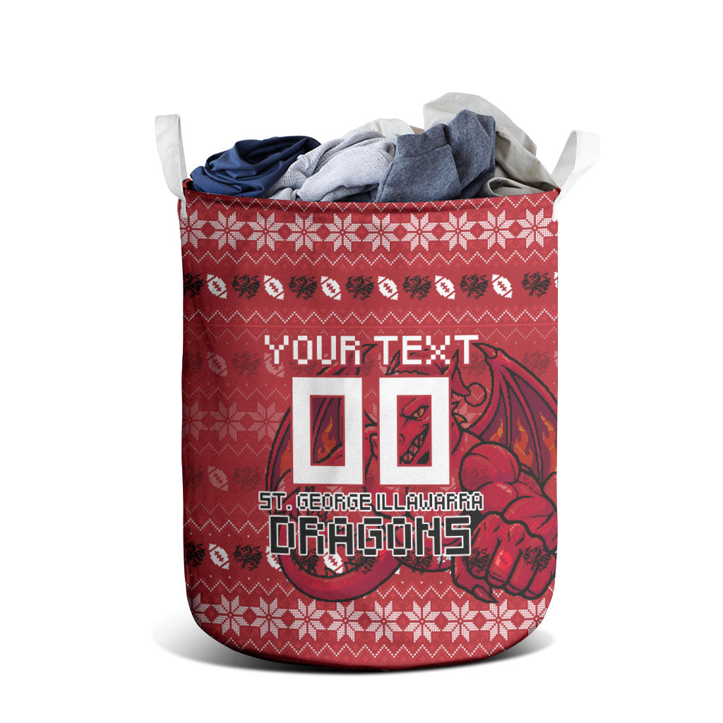 Personalized St George Illawarra Dragons Christmas Laundry Basket Australian Rugby Fans - Pixelated Ugly Xmas Pattern Mascot Santa