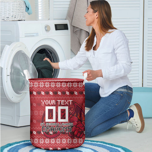 Personalized St George Illawarra Dragons Christmas Laundry Basket Australian Rugby Fans - Pixelated Ugly Xmas Pattern Mascot Santa