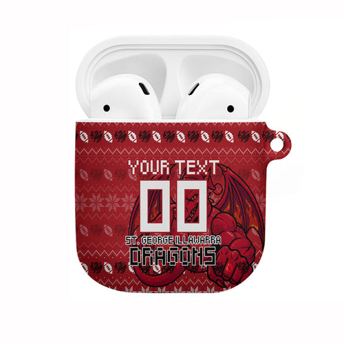 Personalized St George Illawarra Dragons Christmas AirPods Case Australian Rugby Fans - Pixelated Ugly Xmas Pattern Mascot Santa