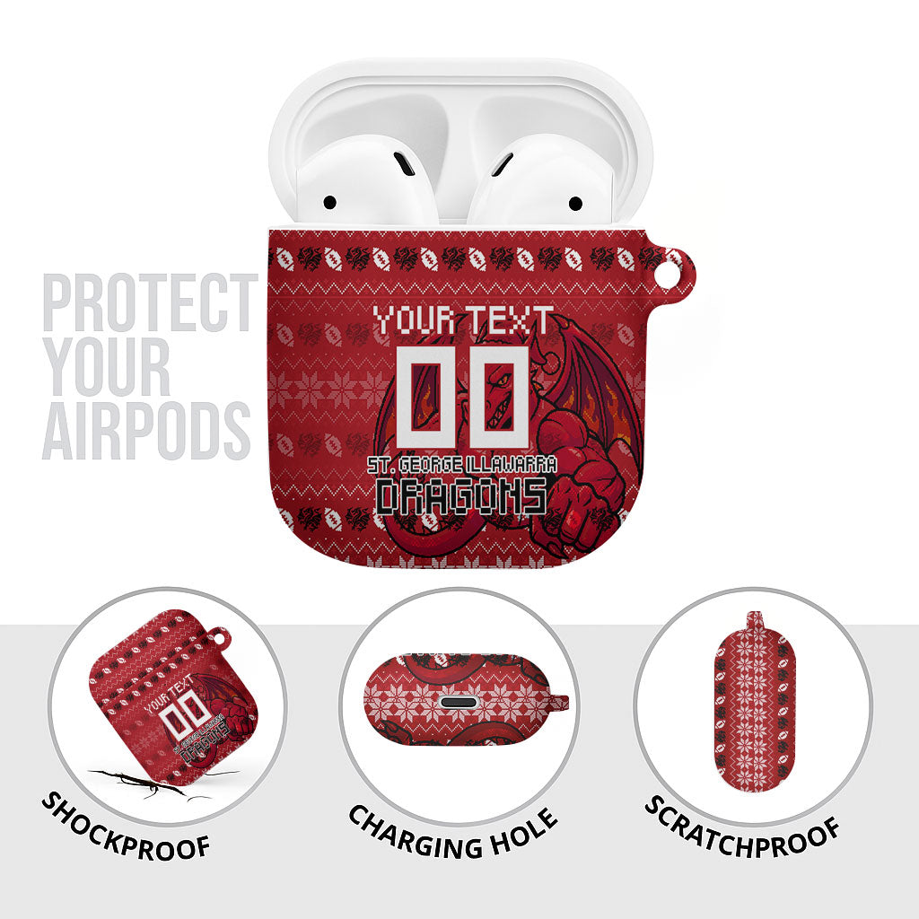 Personalized St George Illawarra Dragons Christmas AirPods Case Australian Rugby Fans - Pixelated Ugly Xmas Pattern Mascot Santa