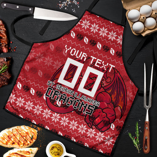 Personalized St George Illawarra Dragons Christmas Apron Australian Rugby Fans - Pixelated Ugly Xmas Pattern Mascot Santa