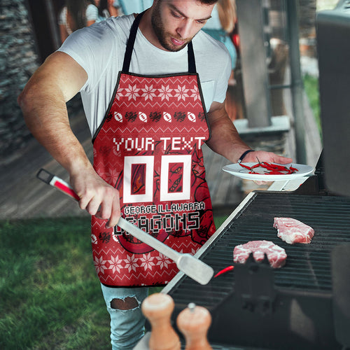 Personalized St George Illawarra Dragons Christmas Apron Australian Rugby Fans - Pixelated Ugly Xmas Pattern Mascot Santa