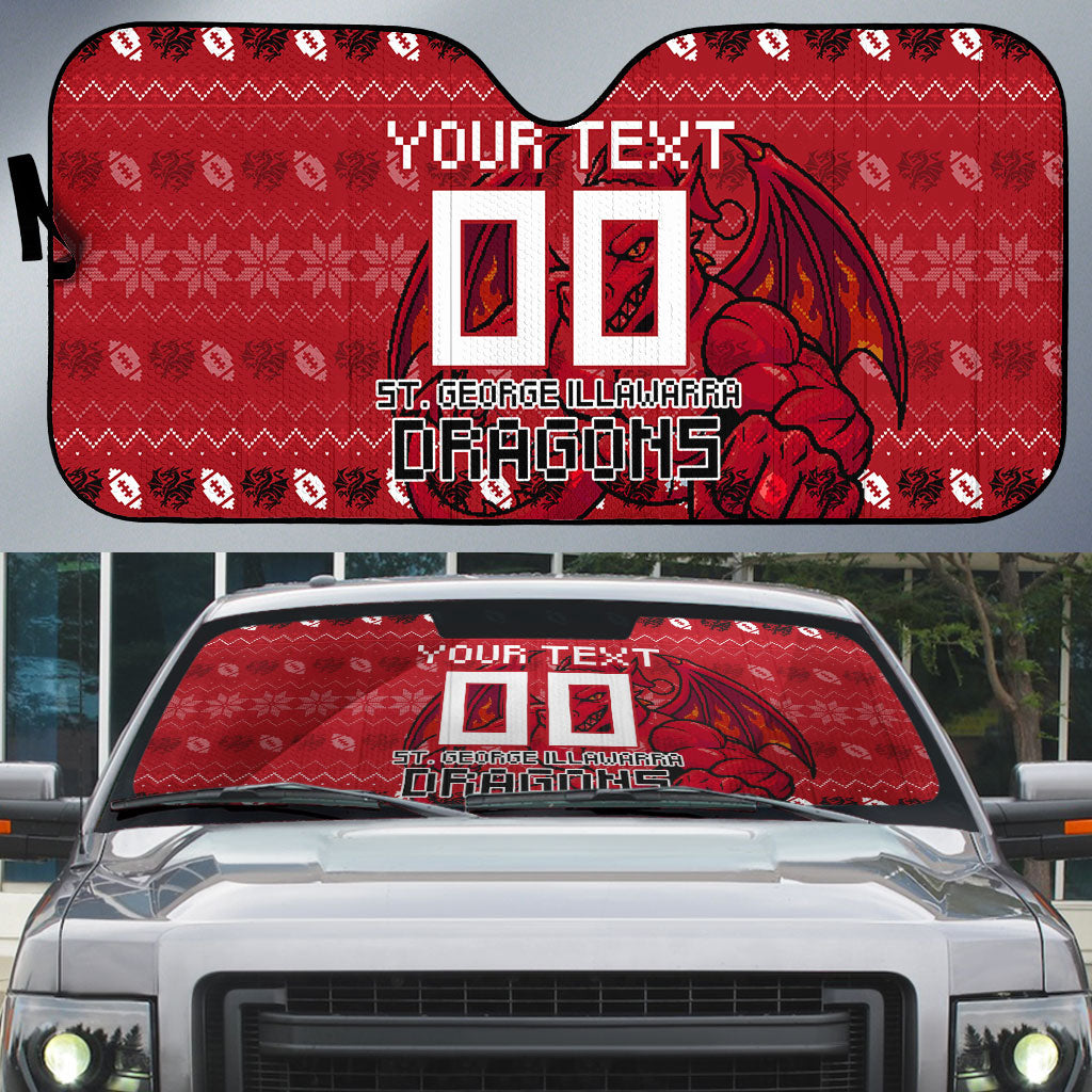 Personalized St George Illawarra Dragons Christmas Auto Sun Shade Australian Rugby Fans - Pixelated Ugly Xmas Pattern Mascot Santa
