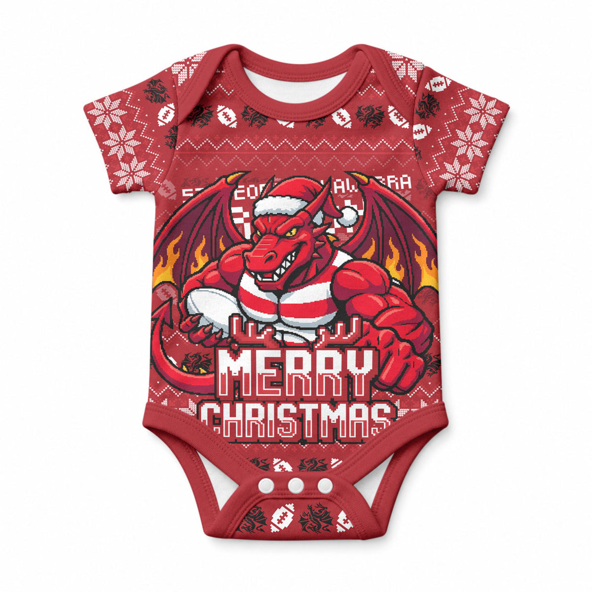 Personalized St George Illawarra Dragons Christmas Baby Onesie Australian Rugby Fans - Pixelated Ugly Xmas Pattern Mascot Santa