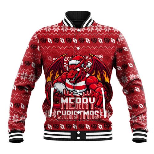 Personalized St George Illawarra Dragons Christmas Baseball Jacket Australian Rugby Fans - Pixelated Ugly Xmas Pattern Mascot Santa
