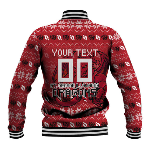 Personalized St George Illawarra Dragons Christmas Baseball Jacket Australian Rugby Fans - Pixelated Ugly Xmas Pattern Mascot Santa