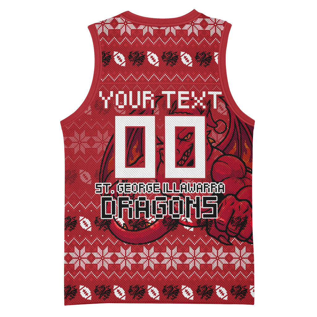 Personalized St George Illawarra Dragons Christmas Basketball Jersey Australian Rugby Fans - Pixelated Ugly Xmas Pattern Mascot Santa