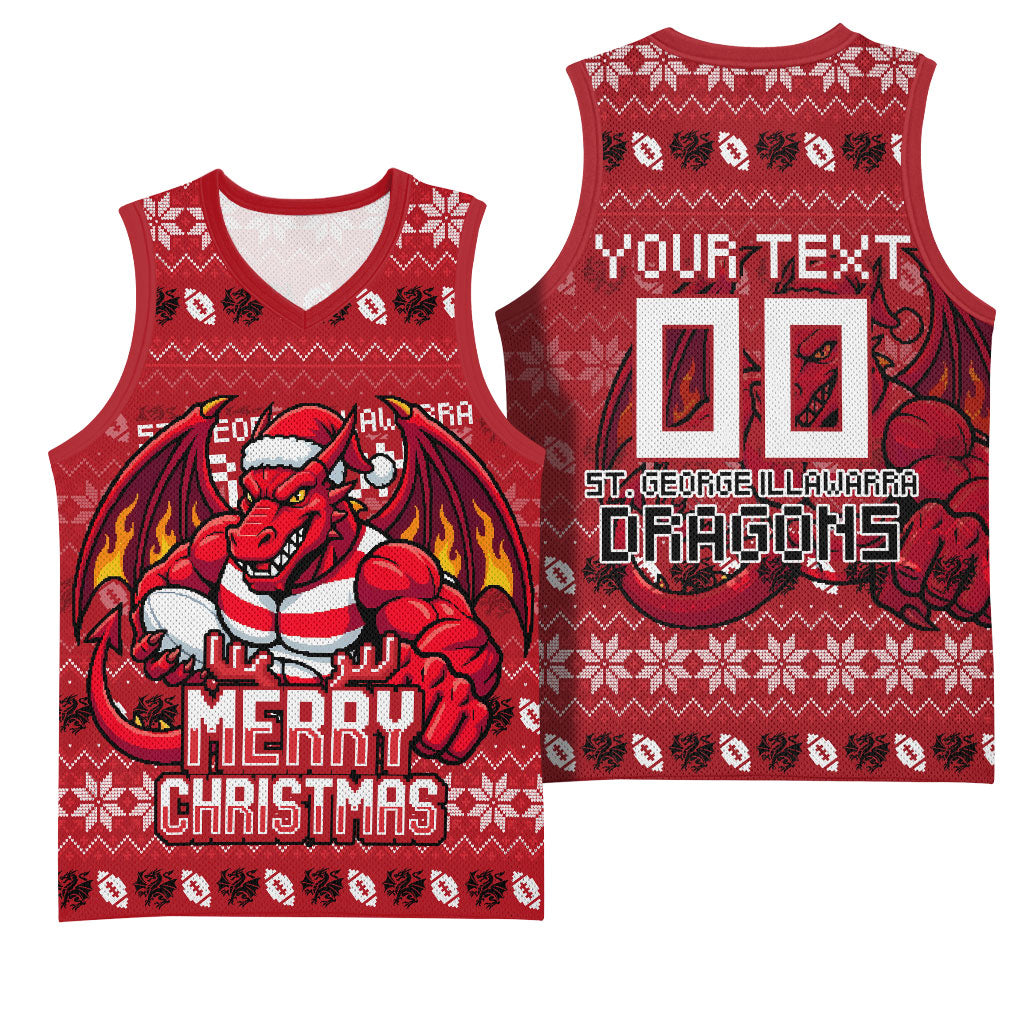 Personalized St George Illawarra Dragons Christmas Basketball Jersey Australian Rugby Fans - Pixelated Ugly Xmas Pattern Mascot Santa