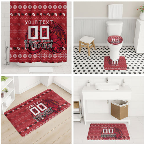Personalized St George Illawarra Dragons Christmas Bathroom Set Australian Rugby Fans - Pixelated Ugly Xmas Pattern Mascot Santa