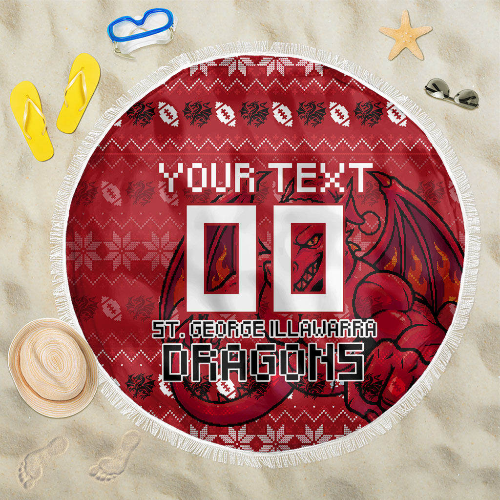 Personalized St George Illawarra Dragons Christmas Beach Blanket Australian Rugby Fans - Pixelated Ugly Xmas Pattern Mascot Santa