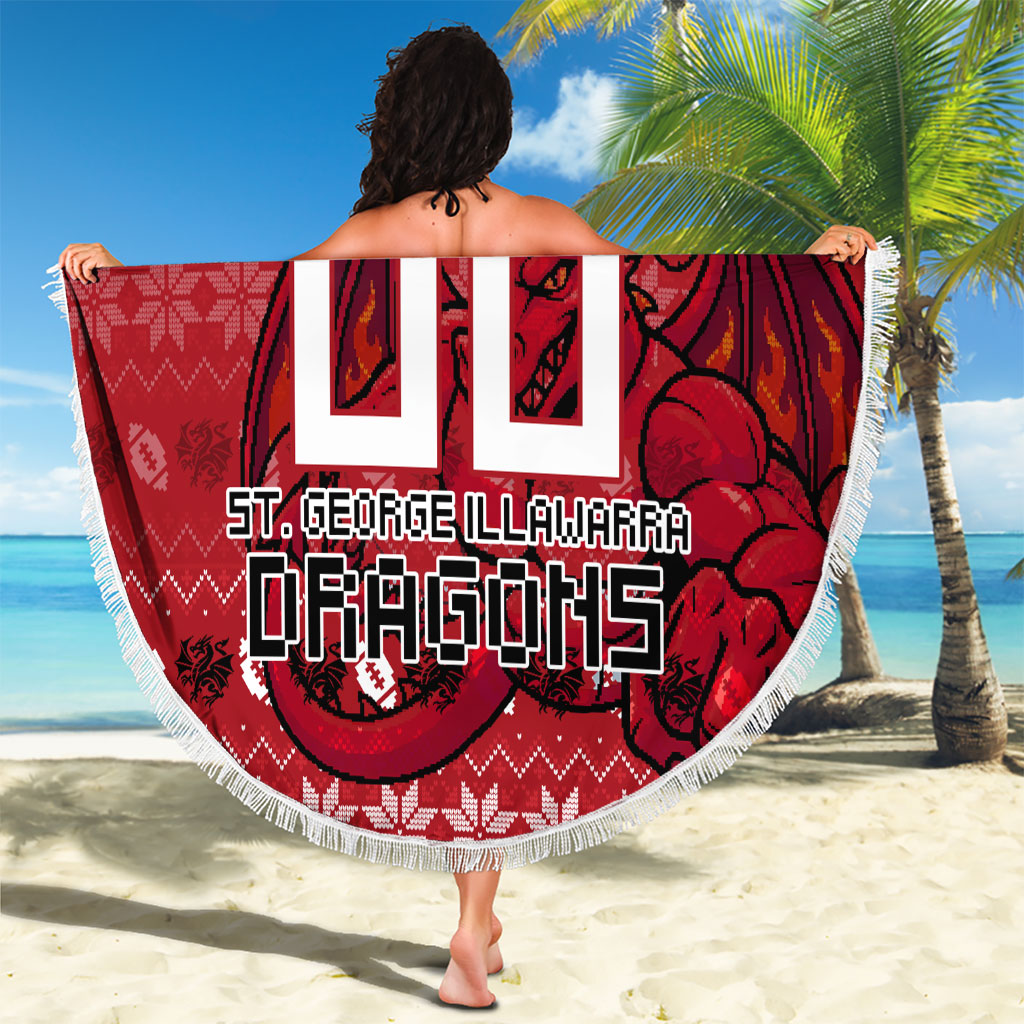 Personalized St George Illawarra Dragons Christmas Beach Blanket Australian Rugby Fans - Pixelated Ugly Xmas Pattern Mascot Santa