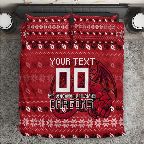 Personalized St George Illawarra Dragons Christmas Bedding Set Australian Rugby Fans - Pixelated Ugly Xmas Pattern Mascot Santa
