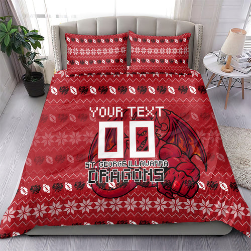 Personalized St George Illawarra Dragons Christmas Bedding Set Australian Rugby Fans - Pixelated Ugly Xmas Pattern Mascot Santa