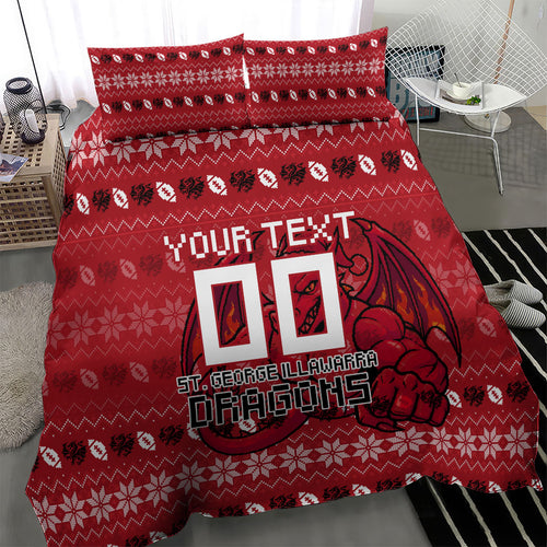 Personalized St George Illawarra Dragons Christmas Bedding Set Australian Rugby Fans - Pixelated Ugly Xmas Pattern Mascot Santa