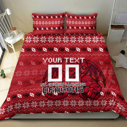 Personalized St George Illawarra Dragons Christmas Bedding Set Australian Rugby Fans - Pixelated Ugly Xmas Pattern Mascot Santa