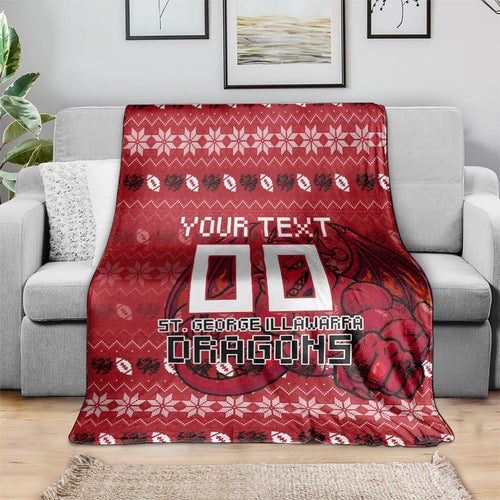 Personalized St George Illawarra Dragons Christmas Blanket Australian Rugby Fans - Pixelated Ugly Xmas Pattern Mascot Santa