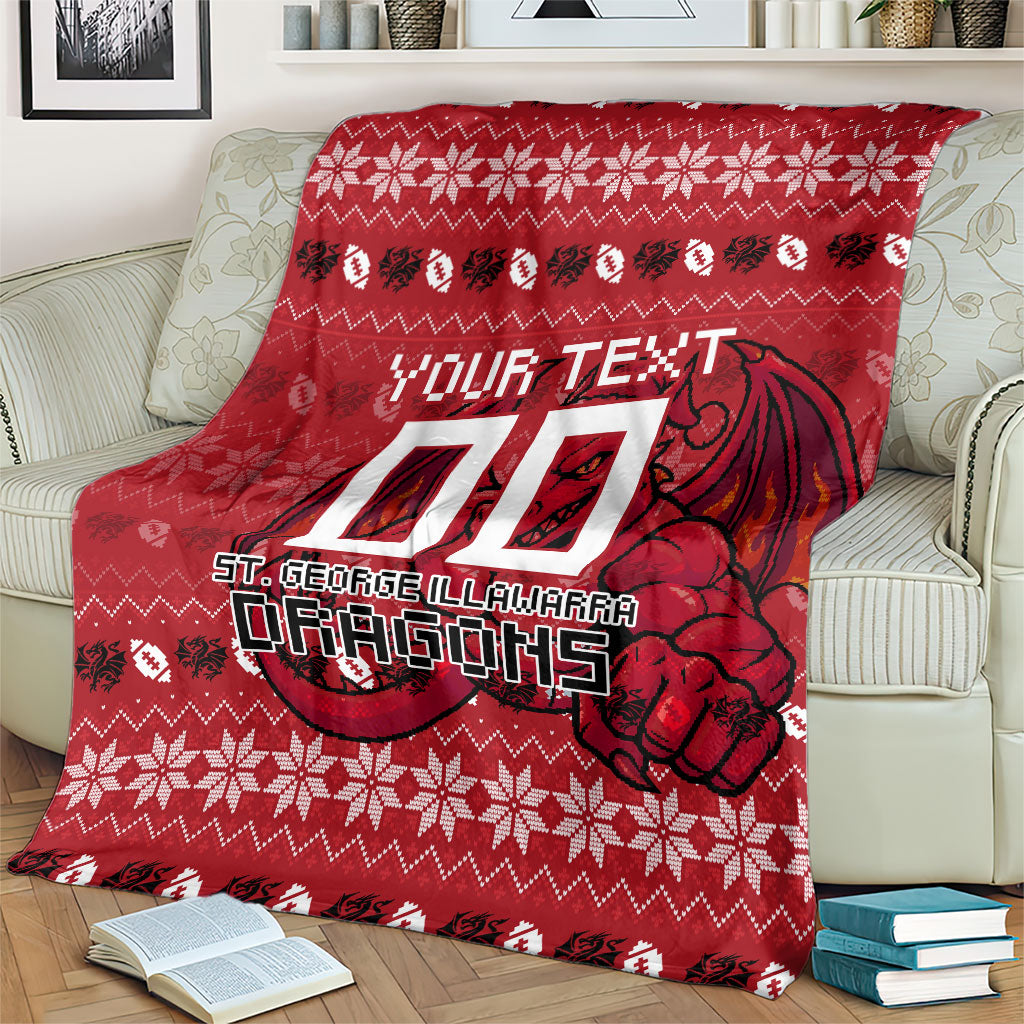 Personalized St George Illawarra Dragons Christmas Blanket Australian Rugby Fans - Pixelated Ugly Xmas Pattern Mascot Santa