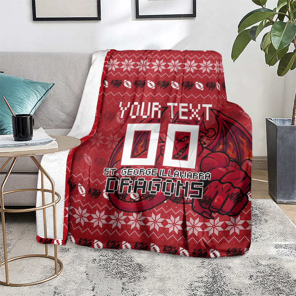 Personalized St George Illawarra Dragons Christmas Blanket Australian Rugby Fans - Pixelated Ugly Xmas Pattern Mascot Santa