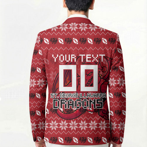 Personalized St George Illawarra Dragons Christmas Blazer Australian Rugby Fans - Pixelated Ugly Xmas Pattern Mascot Santa