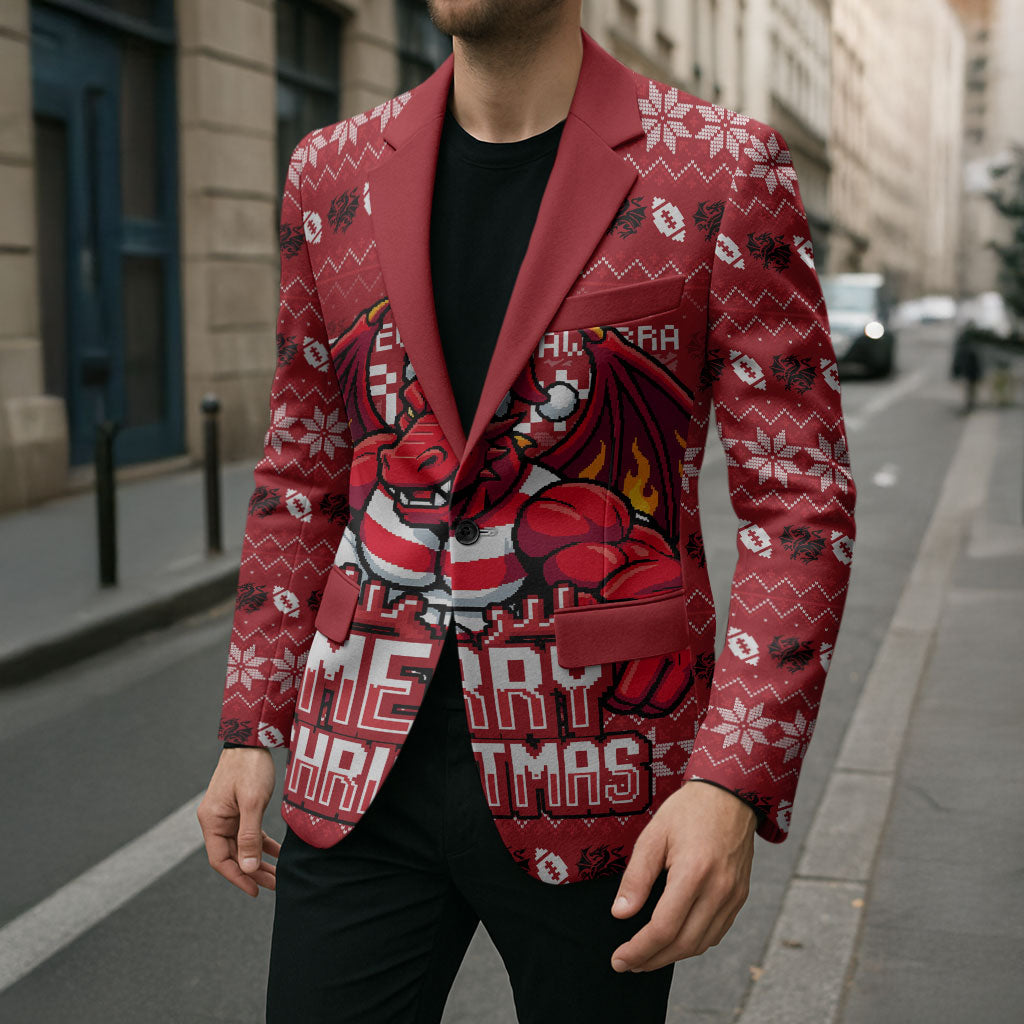 Personalized St George Illawarra Dragons Christmas Blazer Australian Rugby Fans - Pixelated Ugly Xmas Pattern Mascot Santa