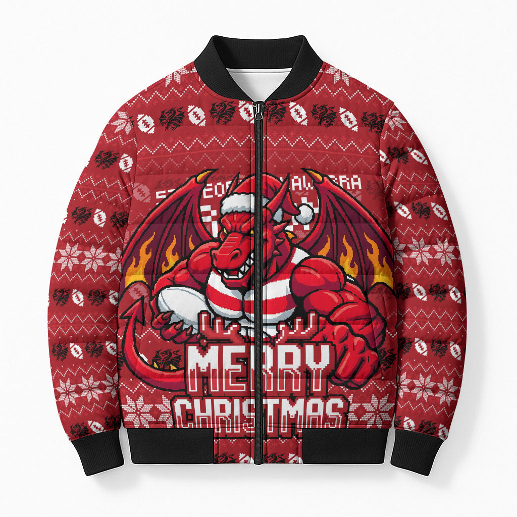 Personalized St George Illawarra Dragons Christmas Bomber Puffer Jacket Australian Rugby Fans - Pixelated Ugly Xmas Pattern Mascot Santa
