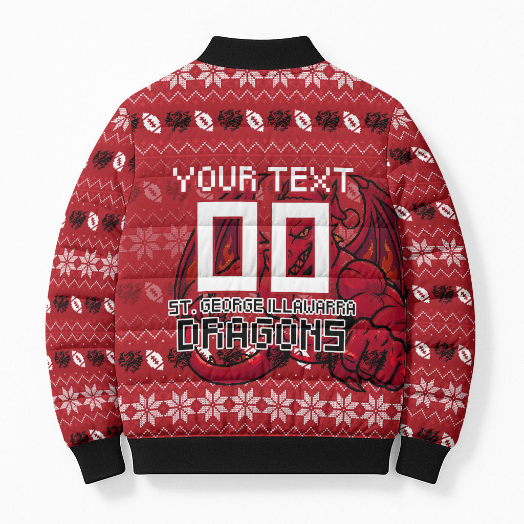 Personalized St George Illawarra Dragons Christmas Bomber Puffer Jacket Australian Rugby Fans - Pixelated Ugly Xmas Pattern Mascot Santa