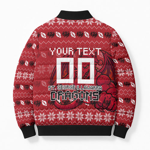 Personalized St George Illawarra Dragons Christmas Bomber Puffer Jacket Australian Rugby Fans - Pixelated Ugly Xmas Pattern Mascot Santa