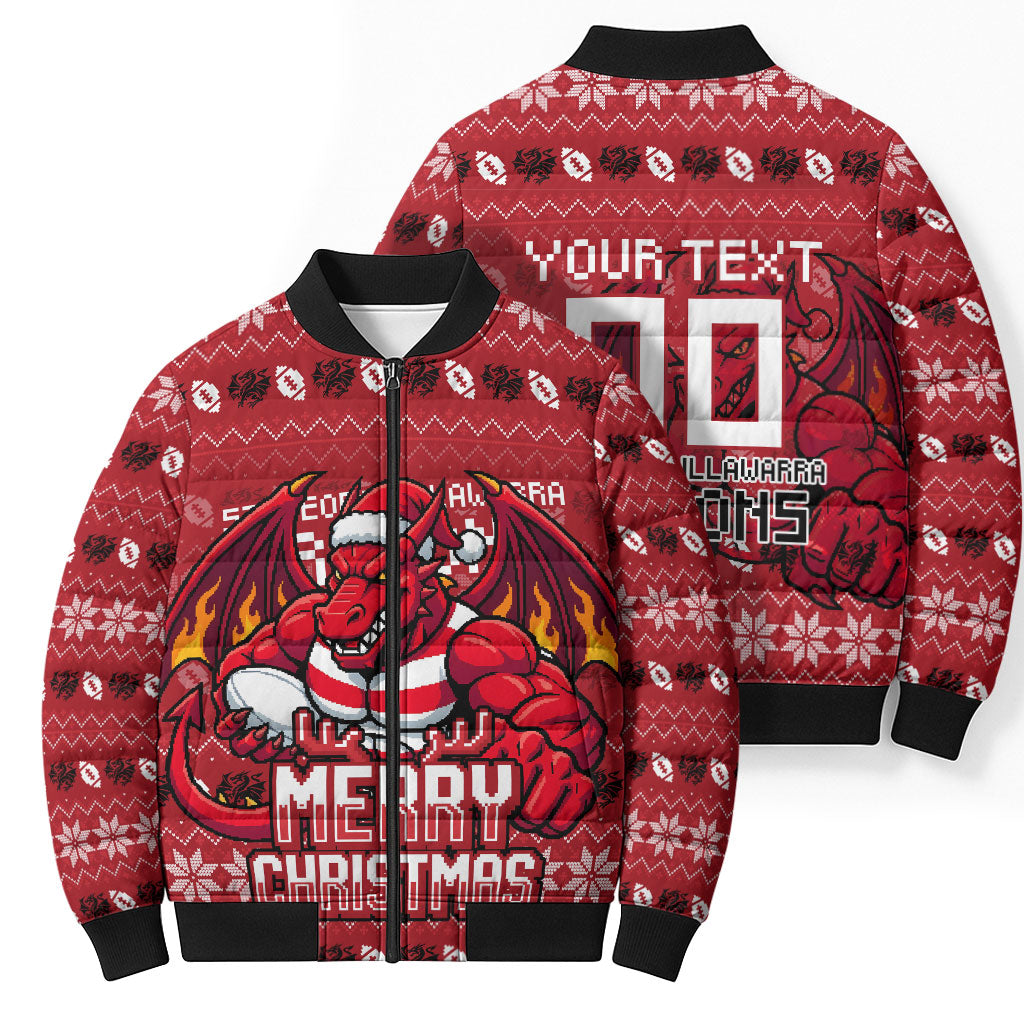 Personalized St George Illawarra Dragons Christmas Bomber Puffer Jacket Australian Rugby Fans - Pixelated Ugly Xmas Pattern Mascot Santa
