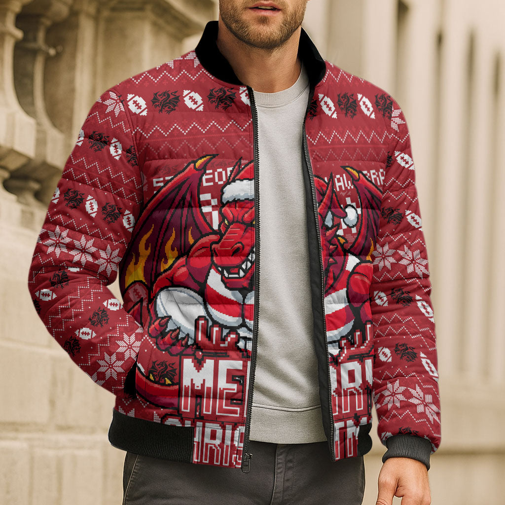 Personalized St George Illawarra Dragons Christmas Bomber Puffer Jacket Australian Rugby Fans - Pixelated Ugly Xmas Pattern Mascot Santa