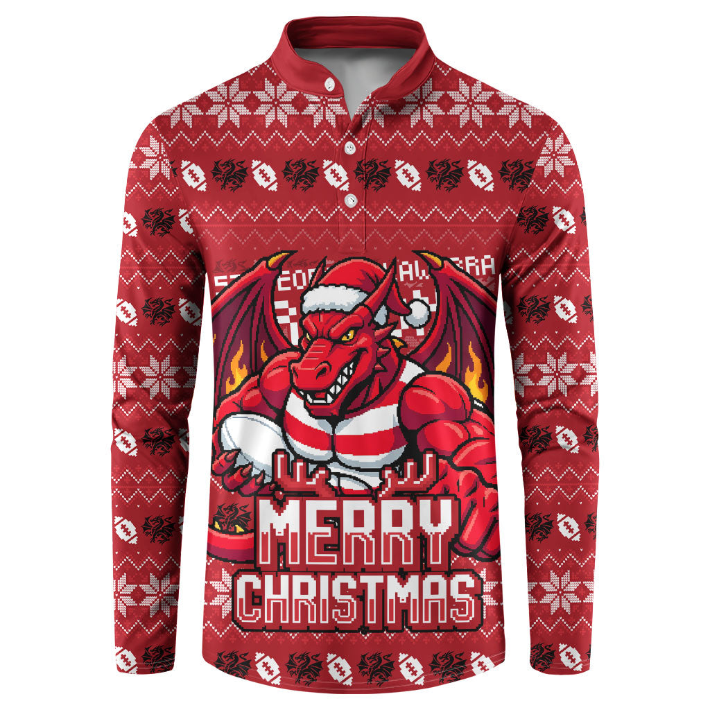 Personalized St George Illawarra Dragons Christmas Button Sweatshirt Australian Rugby Fans - Pixelated Ugly Xmas Pattern Mascot Santa