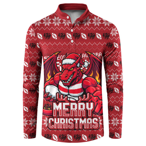 Personalized St George Illawarra Dragons Christmas Button Sweatshirt Australian Rugby Fans - Pixelated Ugly Xmas Pattern Mascot Santa