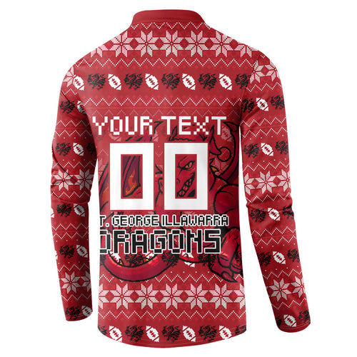 Personalized St George Illawarra Dragons Christmas Button Sweatshirt Australian Rugby Fans - Pixelated Ugly Xmas Pattern Mascot Santa
