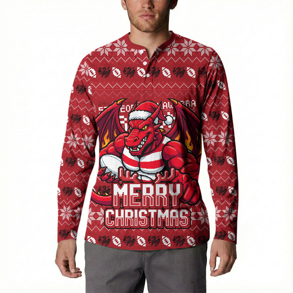 Personalized St George Illawarra Dragons Christmas Button Sweatshirt Australian Rugby Fans - Pixelated Ugly Xmas Pattern Mascot Santa