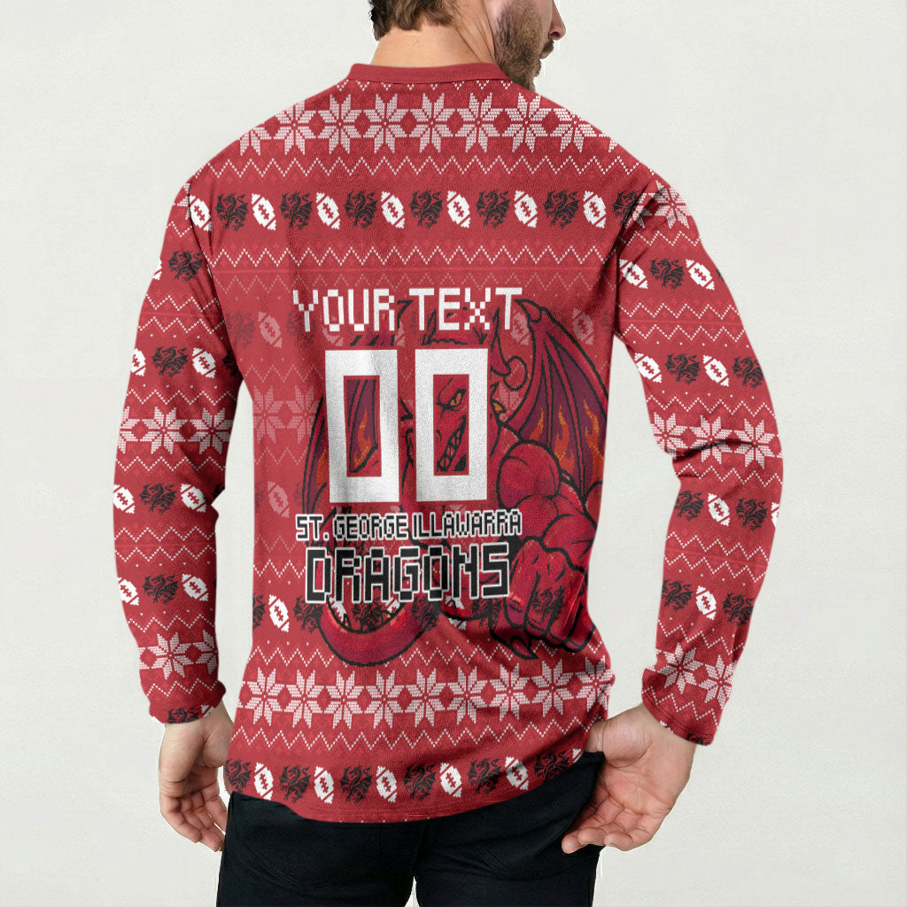 Personalized St George Illawarra Dragons Christmas Button Sweatshirt Australian Rugby Fans - Pixelated Ugly Xmas Pattern Mascot Santa