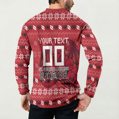 Personalized St George Illawarra Dragons Christmas Button Sweatshirt Australian Rugby Fans - Pixelated Ugly Xmas Pattern Mascot Santa