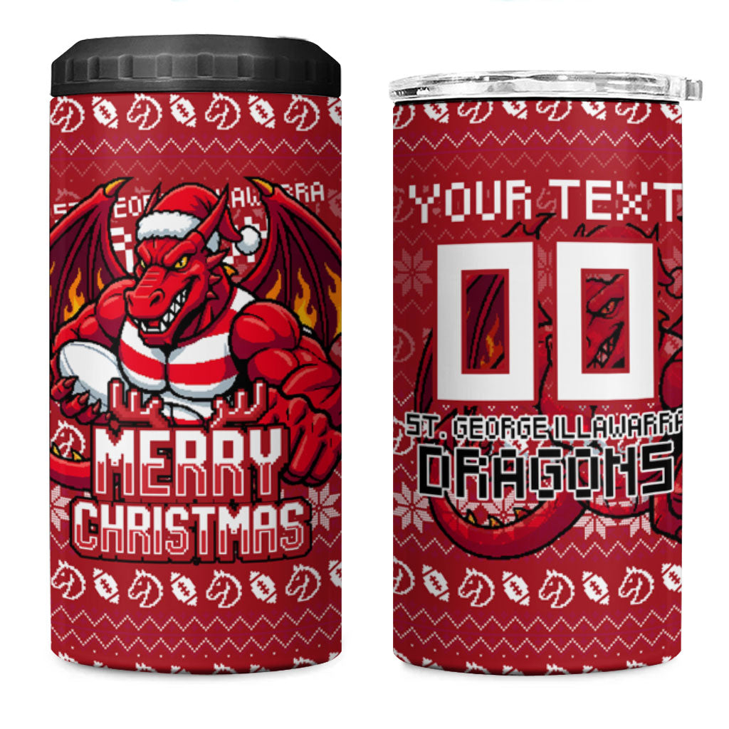 Personalized St George Illawarra Dragons Christmas 4 in 1 Can Cooler Tumbler Australian Rugby Fans - Pixelated Ugly Xmas Pattern Mascot Santa