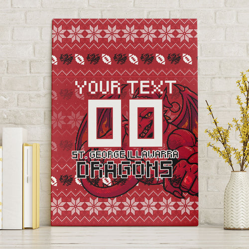 Personalized St George Illawarra Dragons Christmas Canvas Wall Art Australian Rugby Fans - Pixelated Ugly Xmas Pattern Mascot Santa